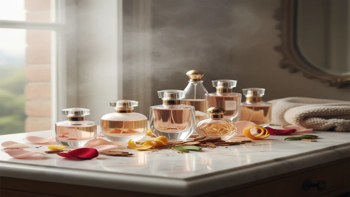 Luxury perfume bottles beside citrus peel, rose petals, and cedar on a marble vanity