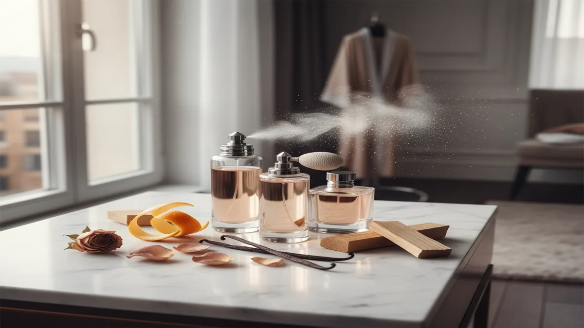 Luxury perfume bottles beside citrus peel, vanilla pods, and cedar on a marble vanity