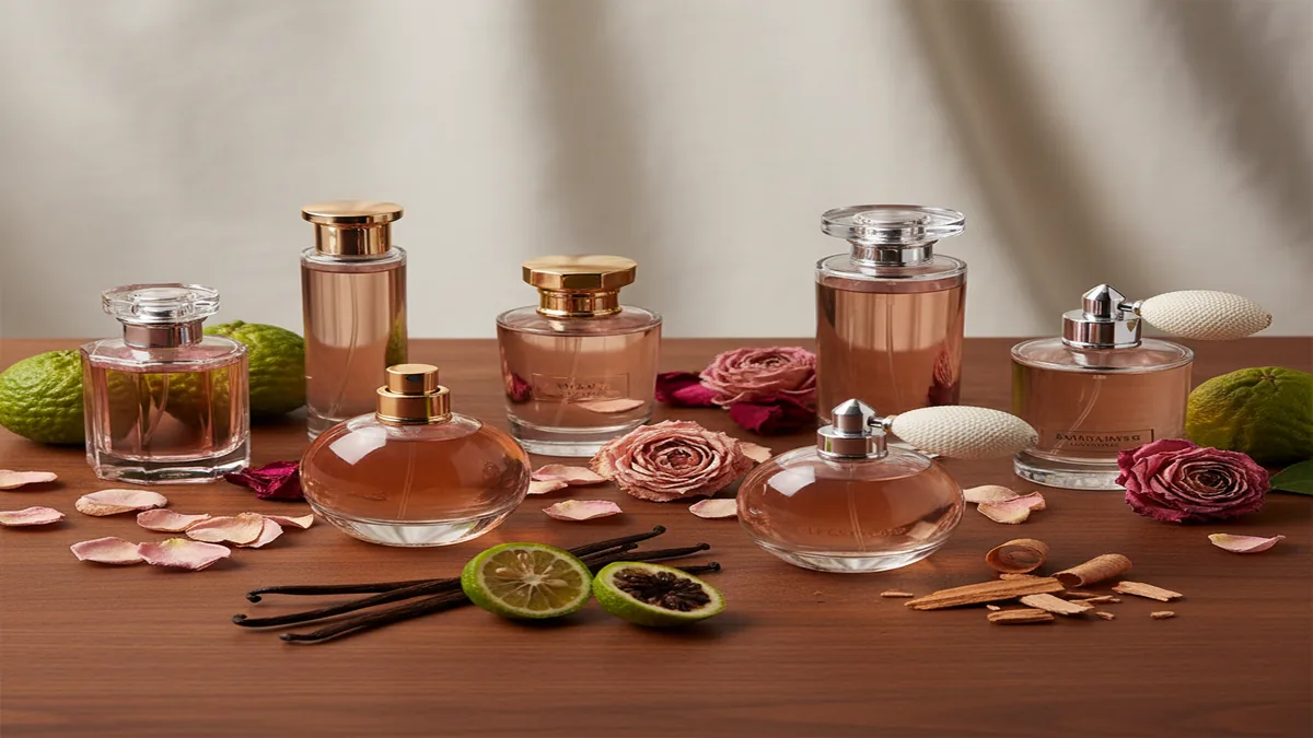 Luxurious perfume bottles arranged like a catalog with note cards, citrus and rose ingredients, soft studio lighting