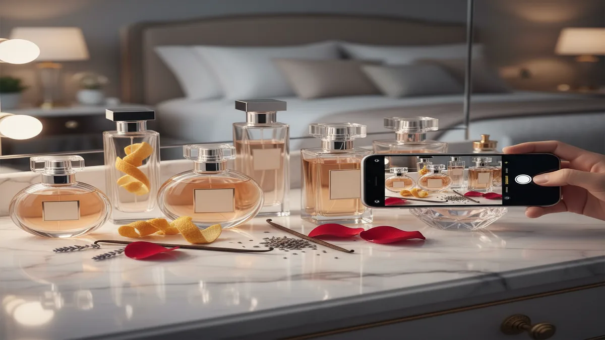 iPhone scanning a luxury perfume bottle on vanity with soft light and ingredients nearby