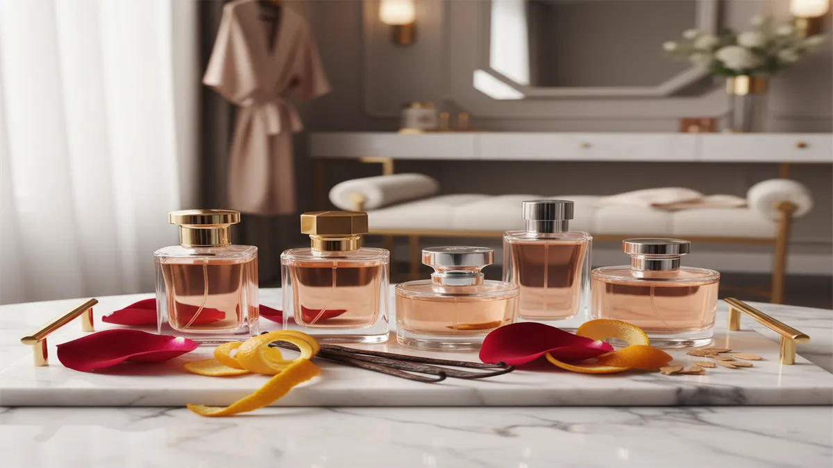 Elegant perfume bottles beside vanilla pods, citrus peel, and rose petals on marble vanity