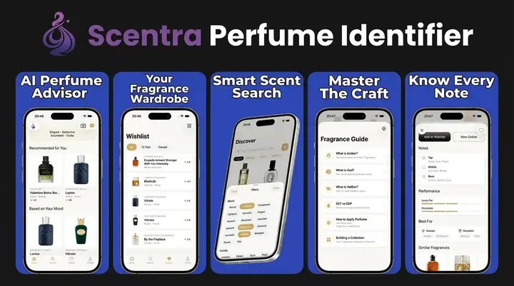 Scentra AI perfume identifier app on iPhone showing bottle scan, scent quiz, and fragrance catalog