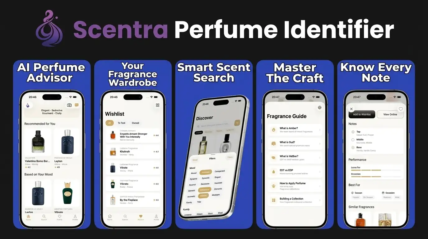 Scentra AI perfume identifier app on iPhone showing bottle scan, scent quiz, and fragrance catalog